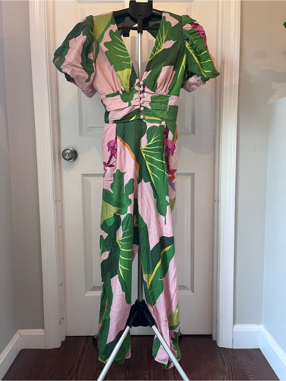 FARM Rio Pink and Green Tropical Print Jumpsuit - Size Medium